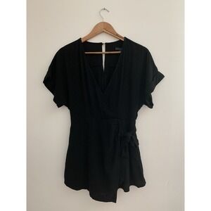 Miou Muse Shorts Romper, Size M, Black Wrap V-Neck, Cuffed Short Sleeves